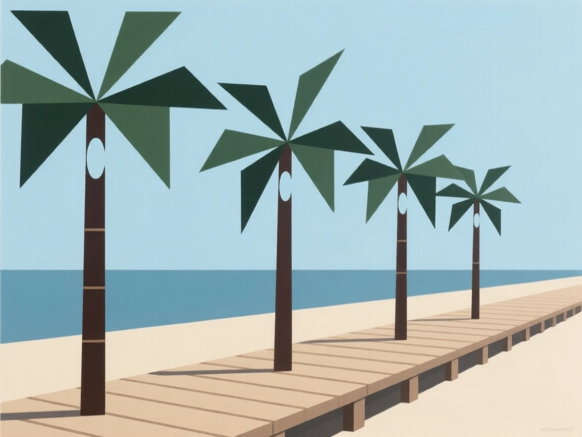 A coastal boardwalk lined with palm trees
