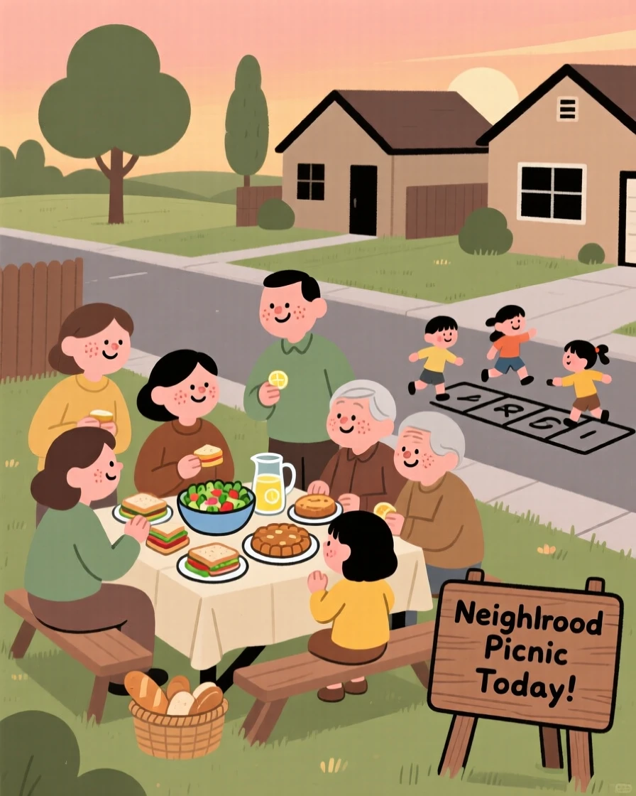 Neighbors gather for a neighborhood picnic in the quiet cul-de-sac, sharing homemade dishes and conversation as children's games fills the warm evening air.