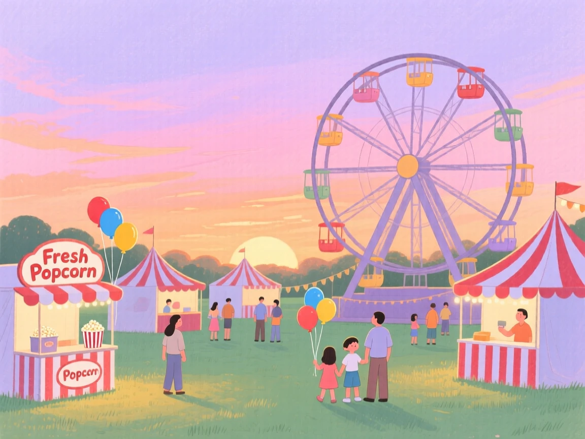 A picturesque view of a country fair with a ferris wheel at dusk.
