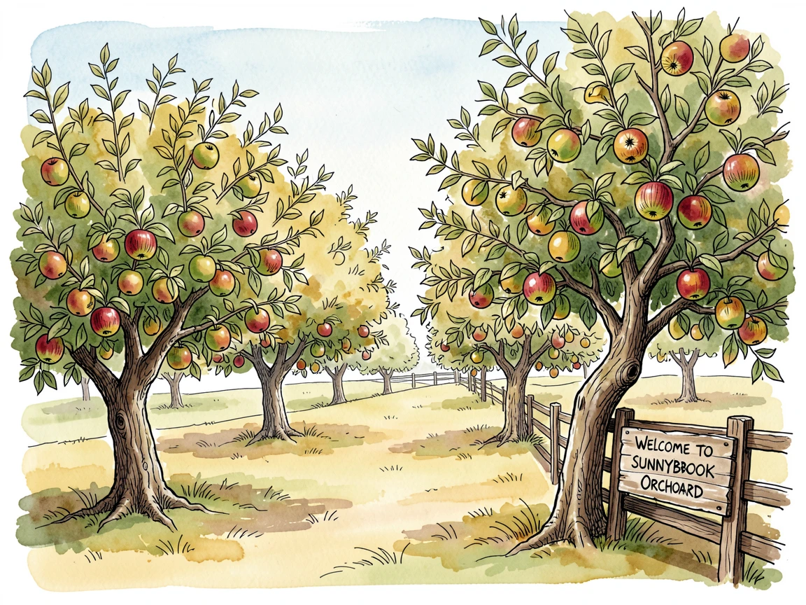 A quiet apple orchard heavy with ripening fruit in late summer, a sense of calm and vastness filling the open space.