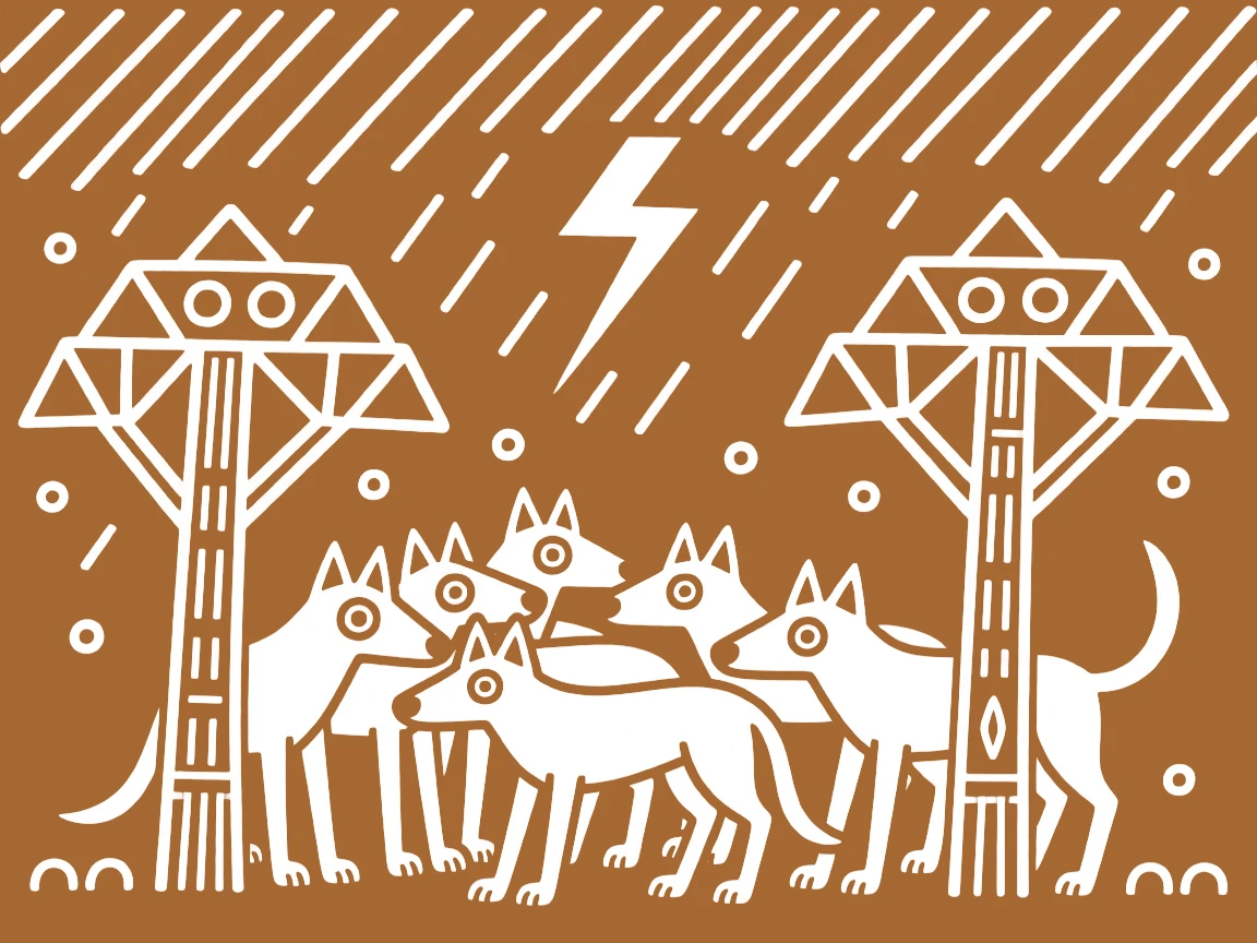 A pack of wild dogs sheltering under trees during a storm.