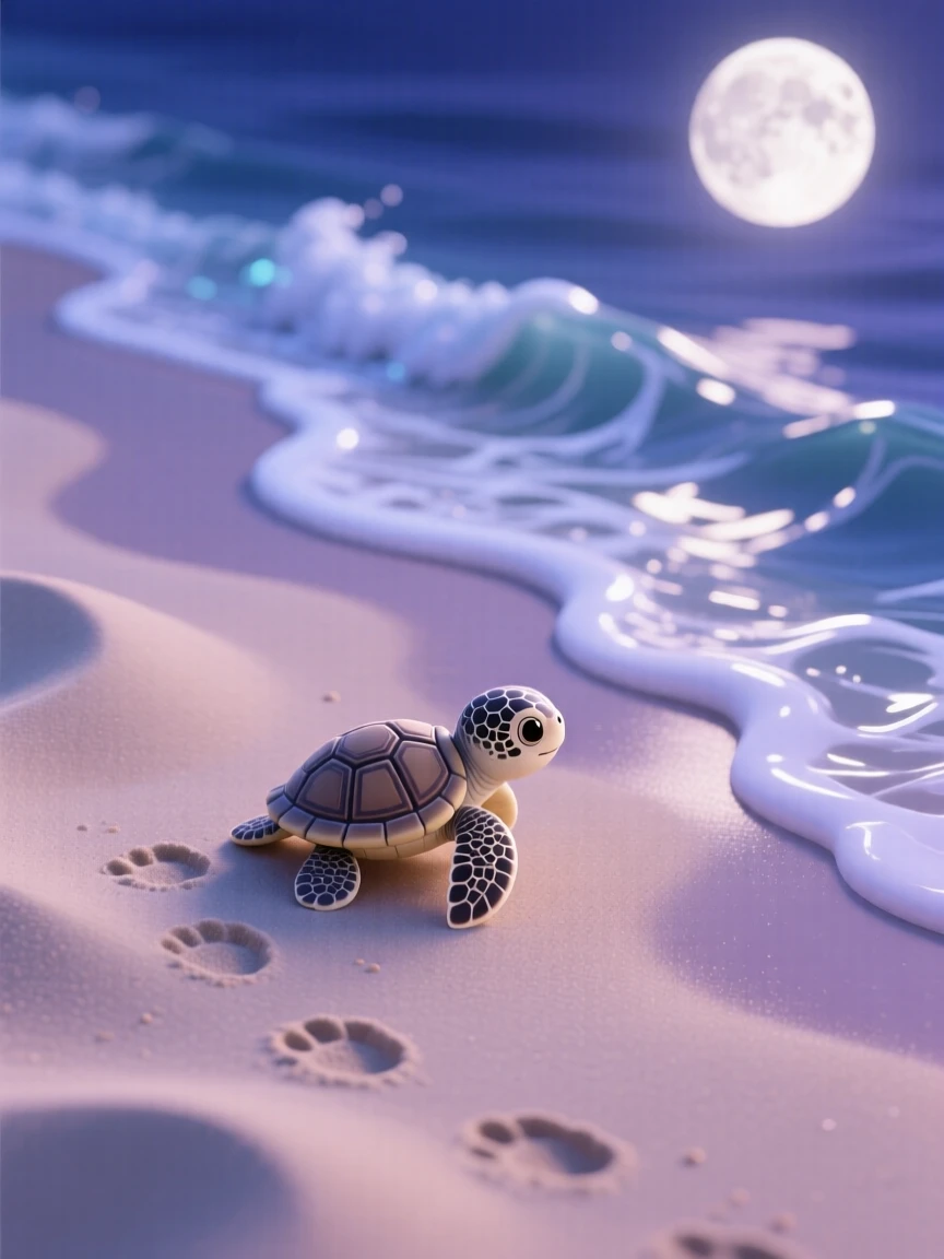 A baby sea turtle hatchling making its way across a moonlit beach toward the crashing waves, tiny flipper prints trailing behind.
