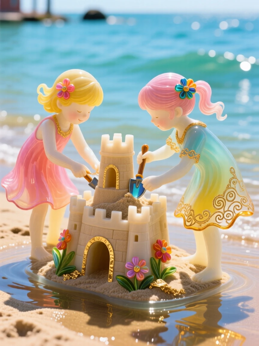 Two children building a sandcastle together at low tide, joyful and innocent.