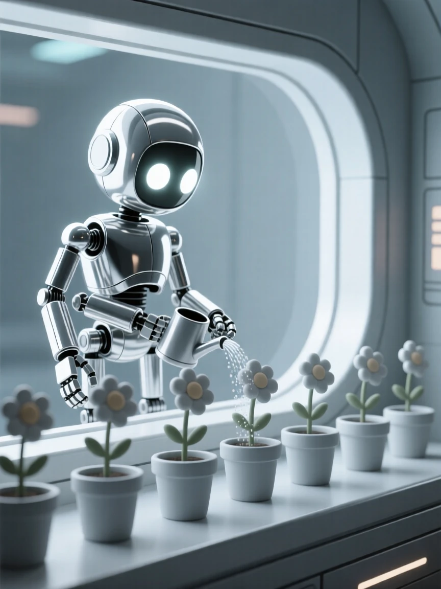 A shiny chrome robot with round glowing eyes waters a row of potted flowers on a spaceship windowsill.