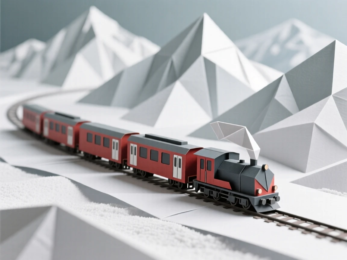 A quiet alpine train winding through snow-covered mountains in the Swiss countryside.