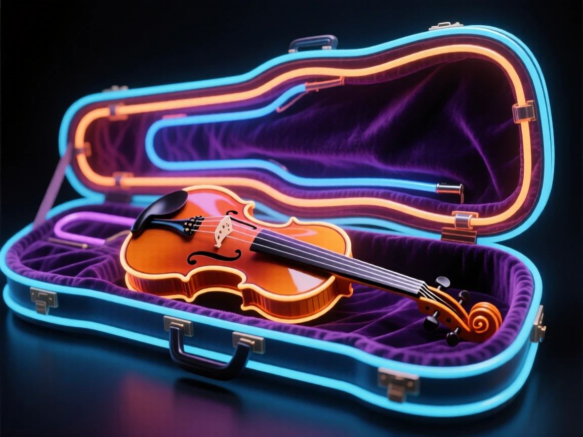 A violin resting inside its open case lined with velvet.