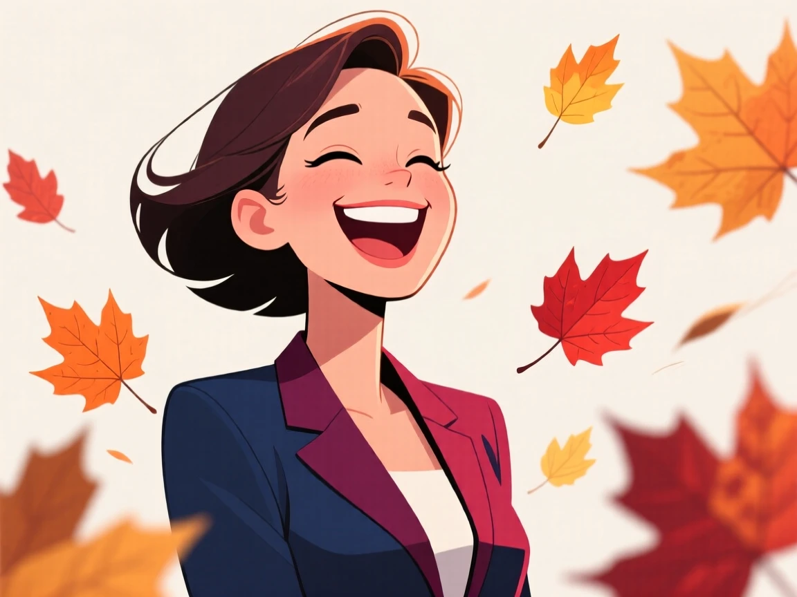 A charming portrait of a confident businesswoman, laughing so hard their eyes squint shut, with autumn leaves drifting past in the breeze.