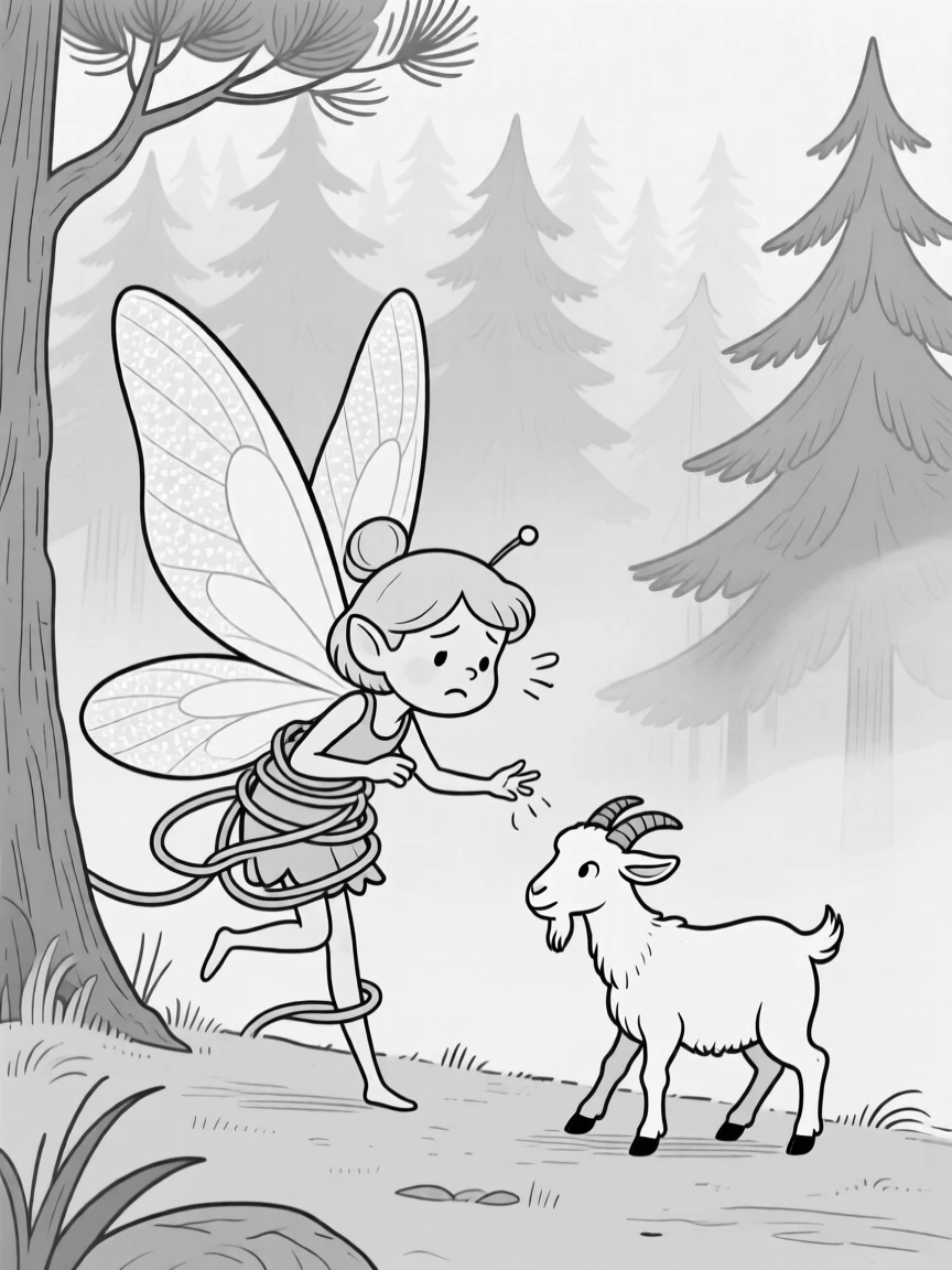 A tiny fairy tangled in her own oversized wings, grumbling at a tiny goat trying to cross anyway, set at the edge of a dense, misty pine forest. Scales shimmer faintly with every breathy snore. It feels like a page pulled from a beloved fairy tale.