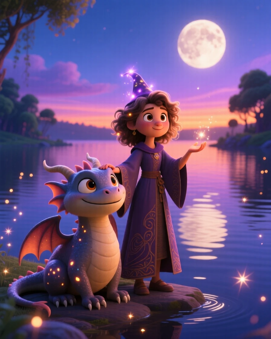 A young sorceress stands beside a lake reflecting two moons, riding on the back of a friendly creature. A quiet magic hums softly throughout the scene, with tiny sparkles drifting through the air.