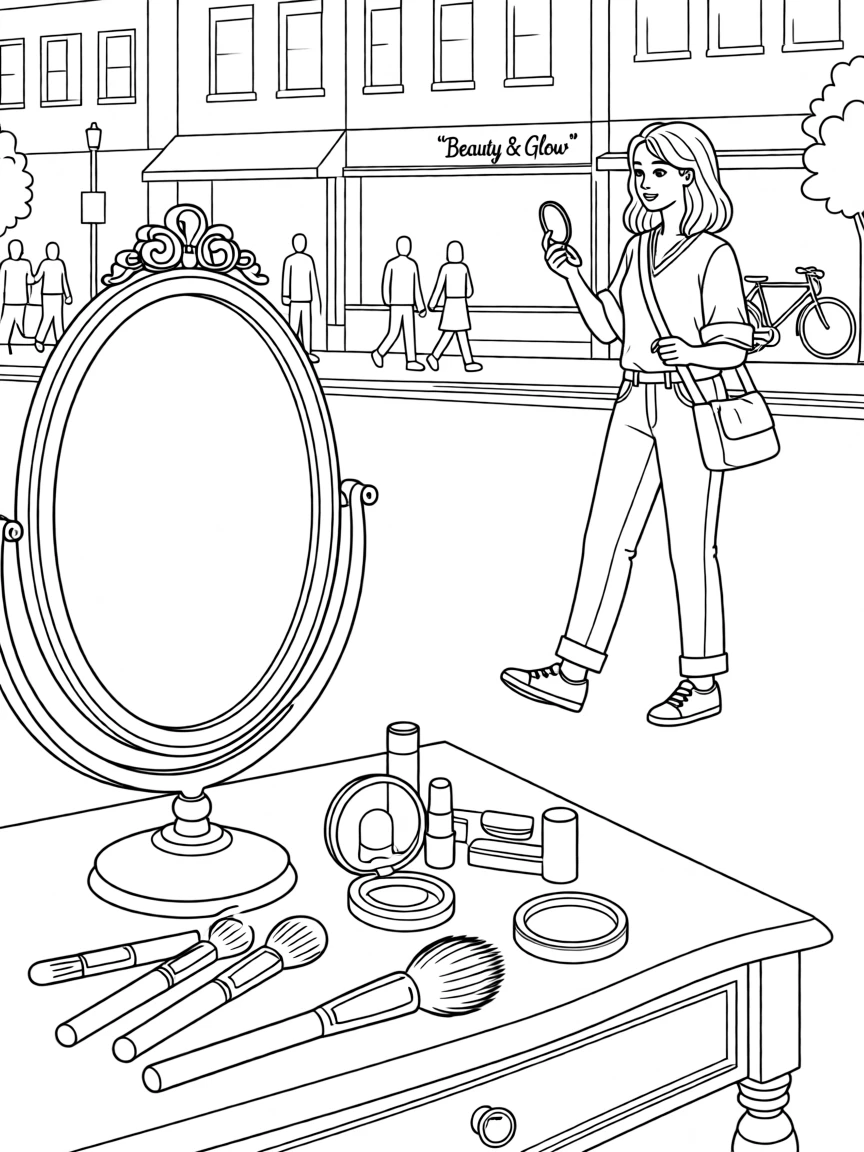 A makeup vanity with scattered brushes and an open compact mirror, worn while walking down a busy city street.