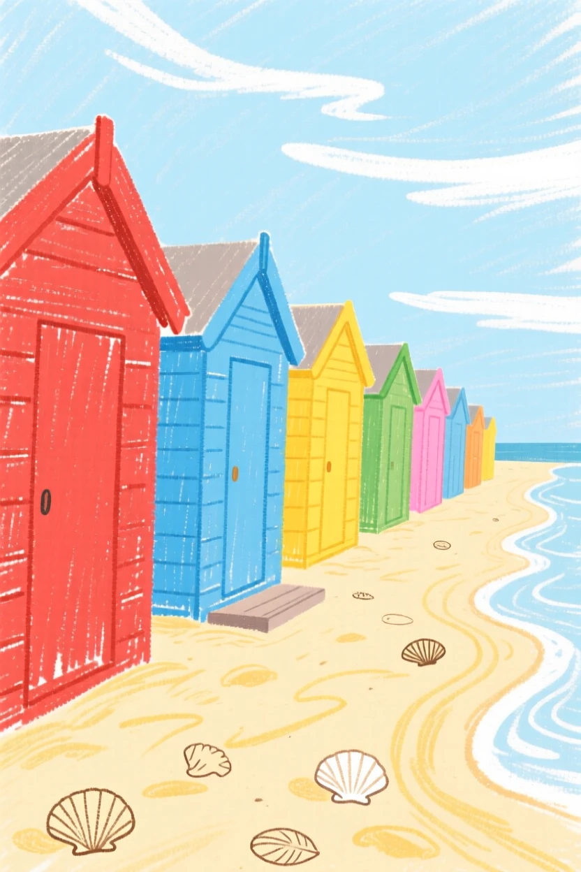 A row of colorful beach huts lining a quiet shoreline.