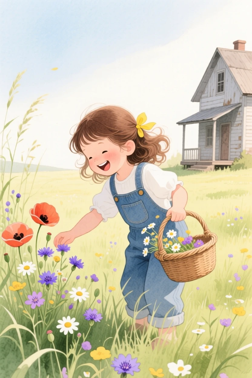 A little girl in overalls picks wildflowers in a meadow beside a rustic farmhouse, laughter and joy filling the warm afternoon air