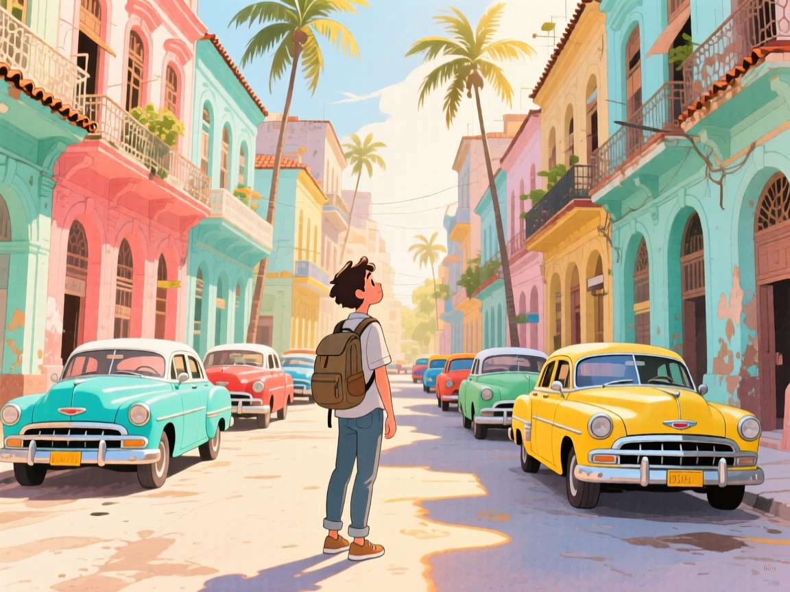 A traveler pauses to soak in the view amid the vibrant streets of Havana lined with vintage cars, evoking wanderlust and adventure.