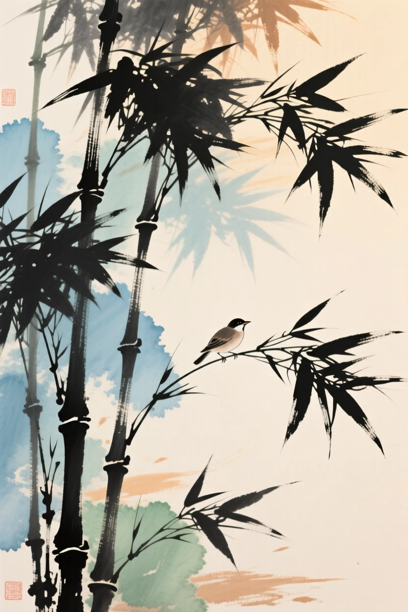 Bamboo swaying gently with a small bird sheltering among the leaves, in the soft light of late afternoon, suffused with quiet joy, in a warm breeze carrying the scent of blossoms.