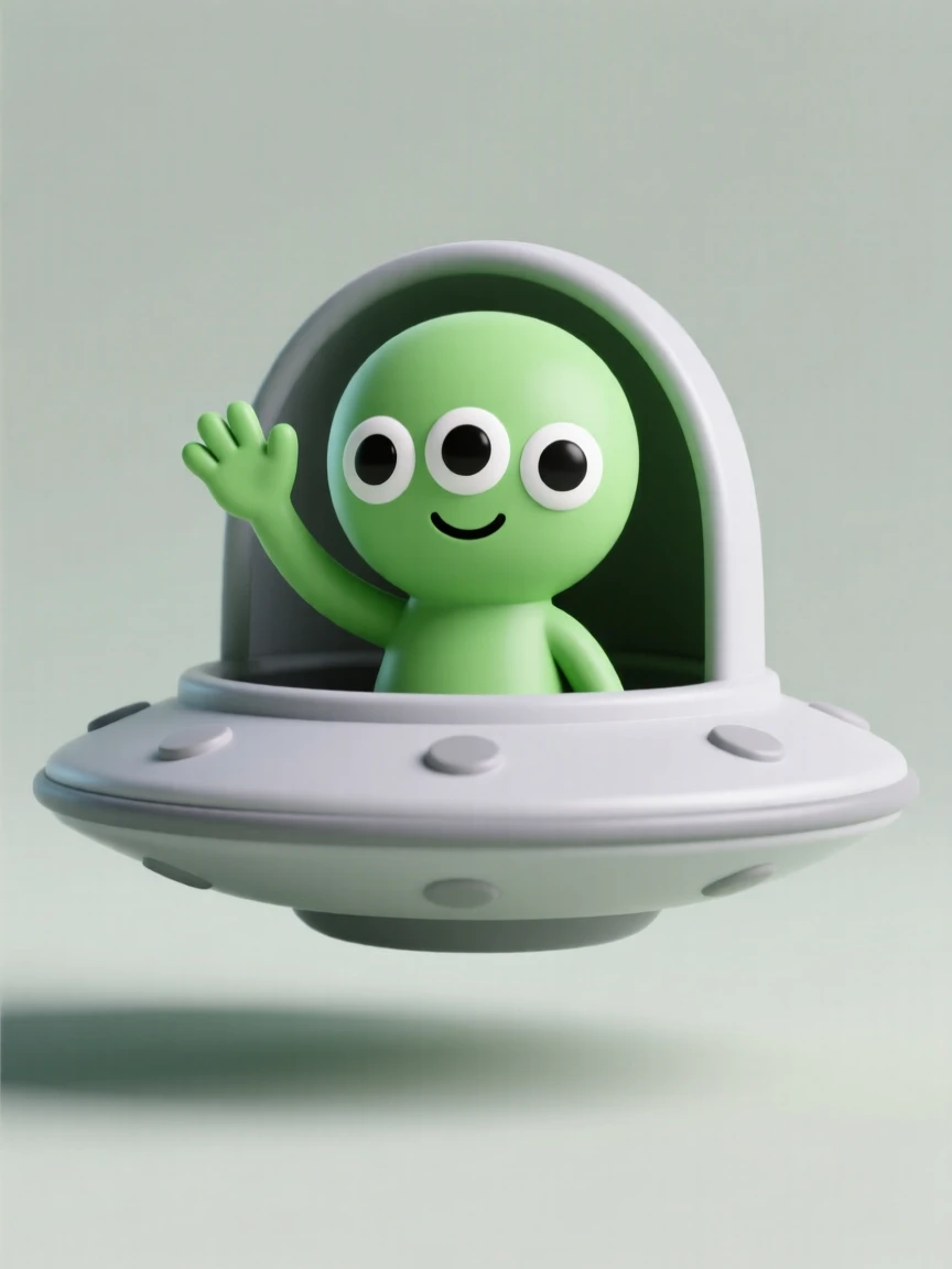 A curious green alien with three friendly eyes waves happily from the window of a small hovering flying saucer.