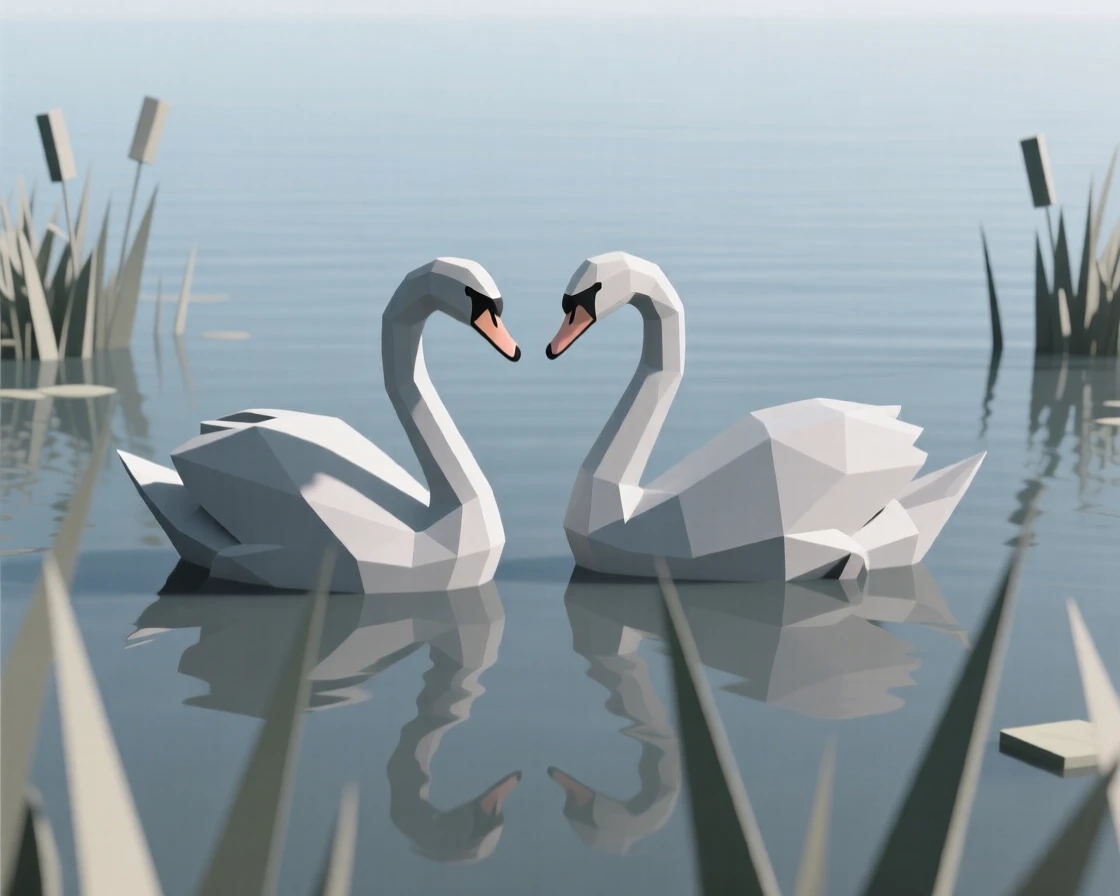 A pair of swans gliding across still water, amid tall swaying grass. soft natural light highlights every texture. A feeling of serenity washes over the moment.