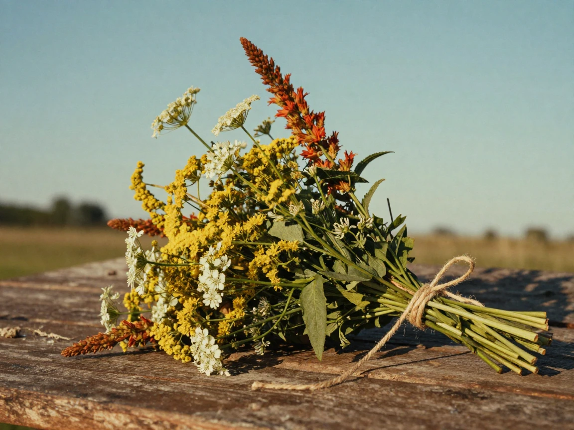 A bouquet of wildflowers tied with twine resting on a wooden table, under soft golden-hour light, on a clear, cloudless day, in the height of summer, with muted olive and rust colors, from a three-quarter angle.
