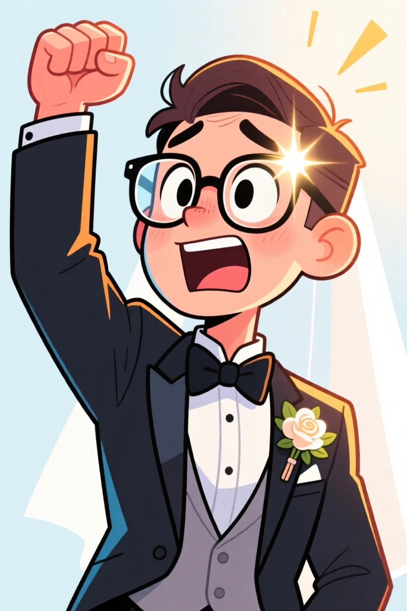 A charming portrait of a nervous groom, raising a fist in triumphant celebration, with sunlight glinting off their glasses.
