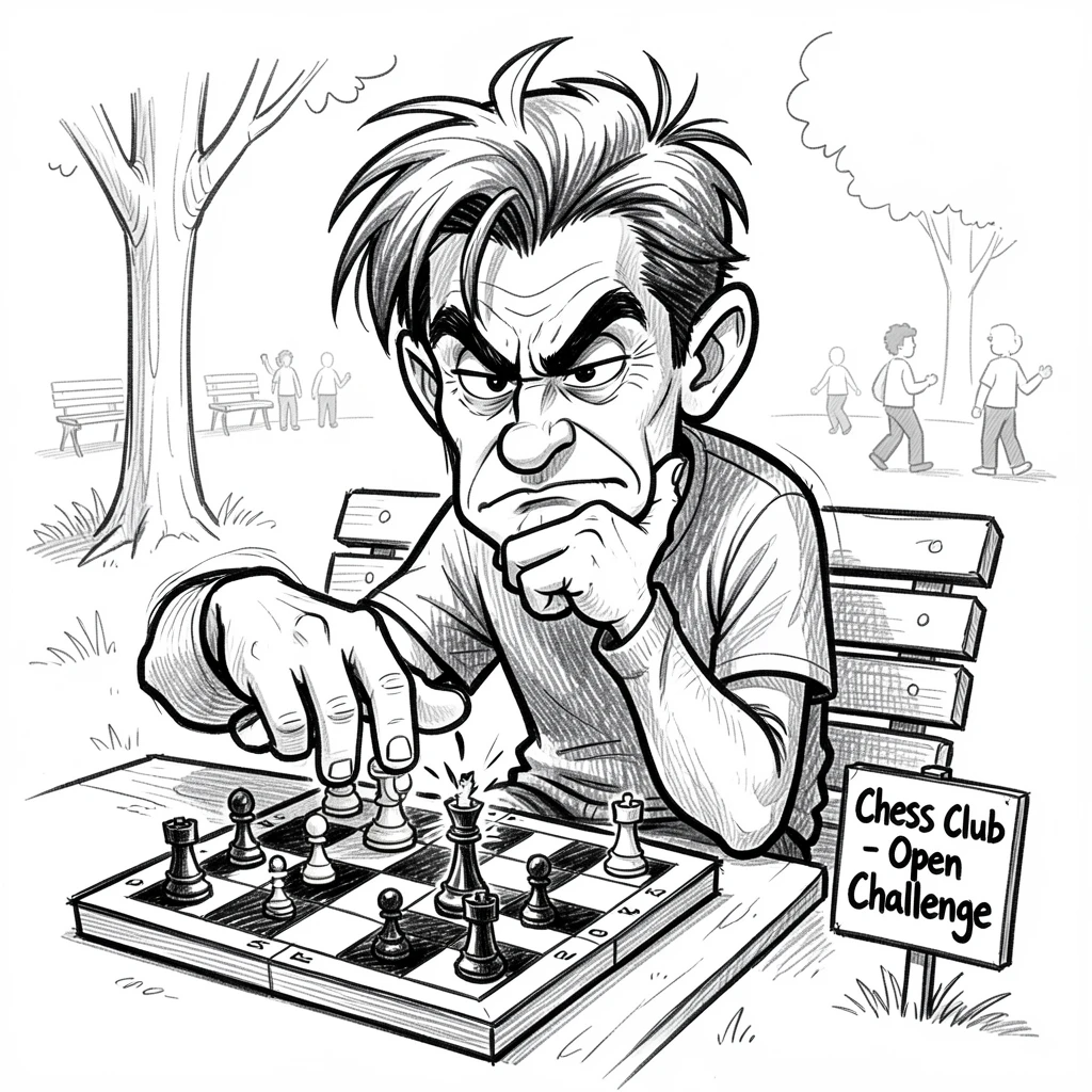 [Occupations & Hobbies] Detailed scene of a passionate chess player contemplating a bold move in a park, showcasing skill and dedication