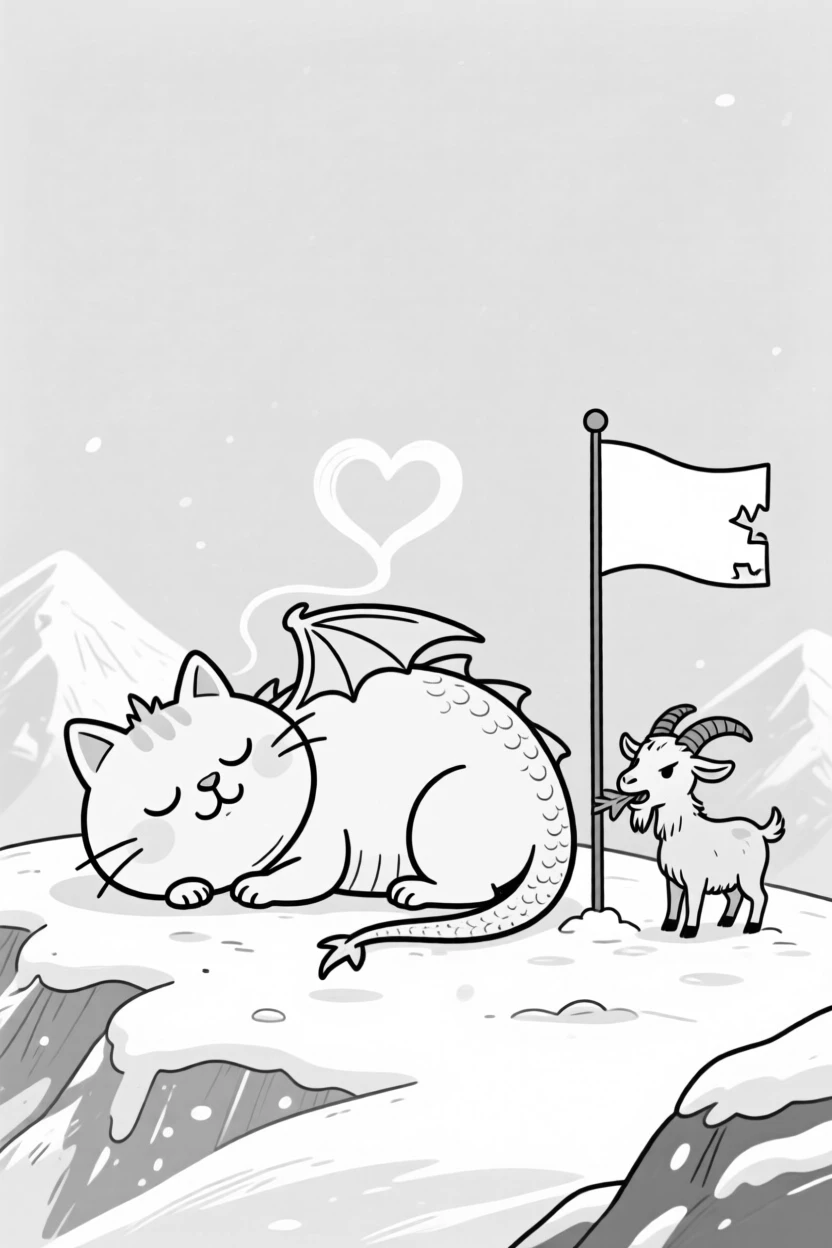 A round-bellied dragon curled up like a sleepy cat, burping out a smoke ring shaped like a heart, set on a snowy mountaintop clearing. A stubborn goat chews on a nearby flag. It's a whimsical moment that feels both magical and silly.