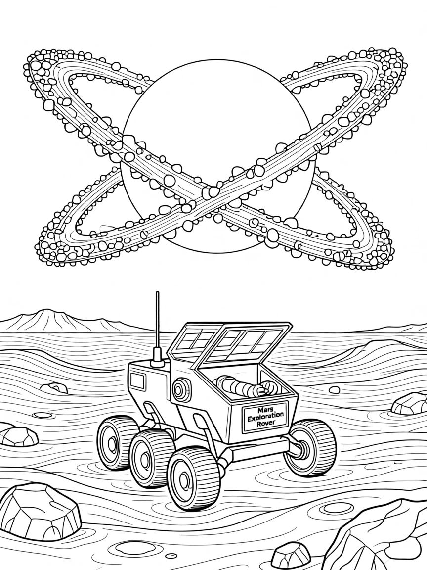 A rover exploring the red dust of a Martian plain, with rings of ice and rock circling nearby.