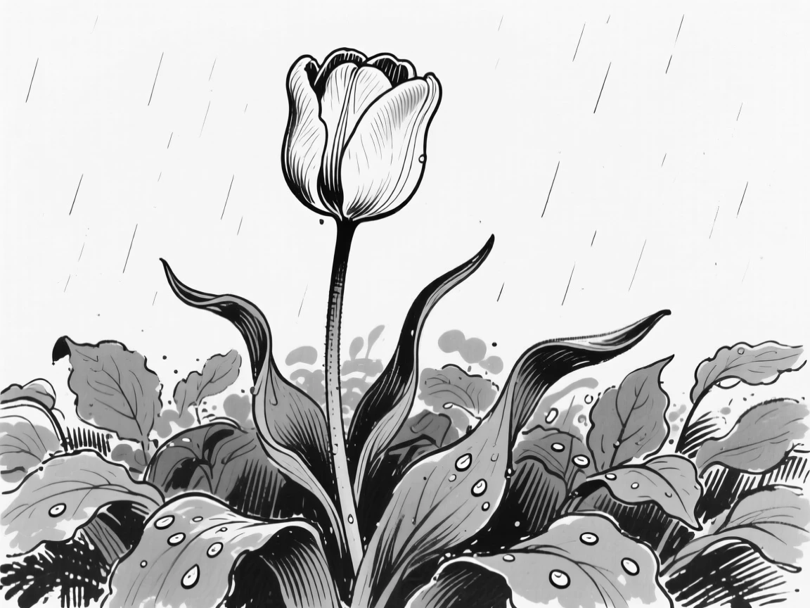 A single tulip standing tall among a bed of green leaves after rain.