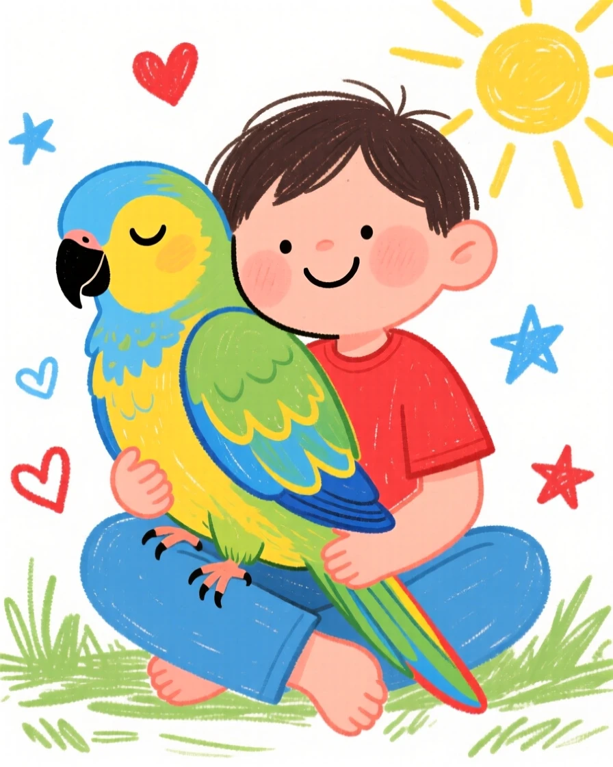 A parakeet with bright feathers resting its head on a child's lap.