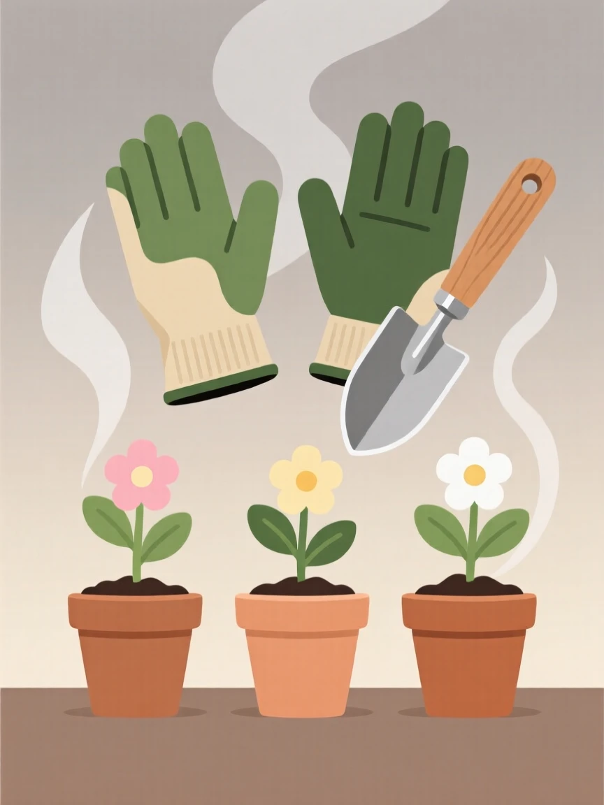 A gardening set with gloves, a trowel, and blooming seedlings, set against a backdrop of neutral, calming tones, arranged with balanced symmetry and calming negative space, with subtle steam rising to add a warm, lived-in feel.