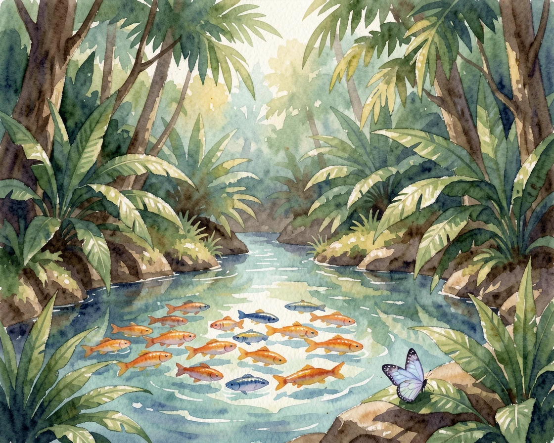 A school of tropical fish in a lush jungle clearing with a butterfly resting nearby.