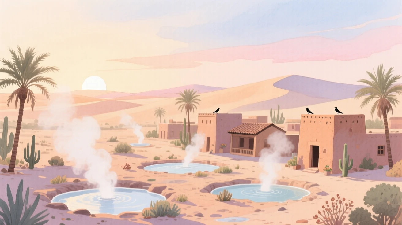 A picturesque view of a desert oasis town with steam rising from natural hot springs, under a soft sunrise