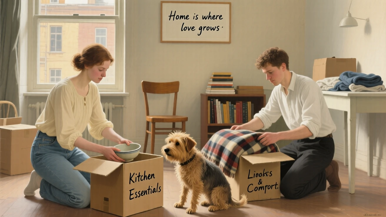 A young couple unpacking boxes in their first apartment together, with a beloved family pet joining in the moment, radiating comfort, love, and togetherness
