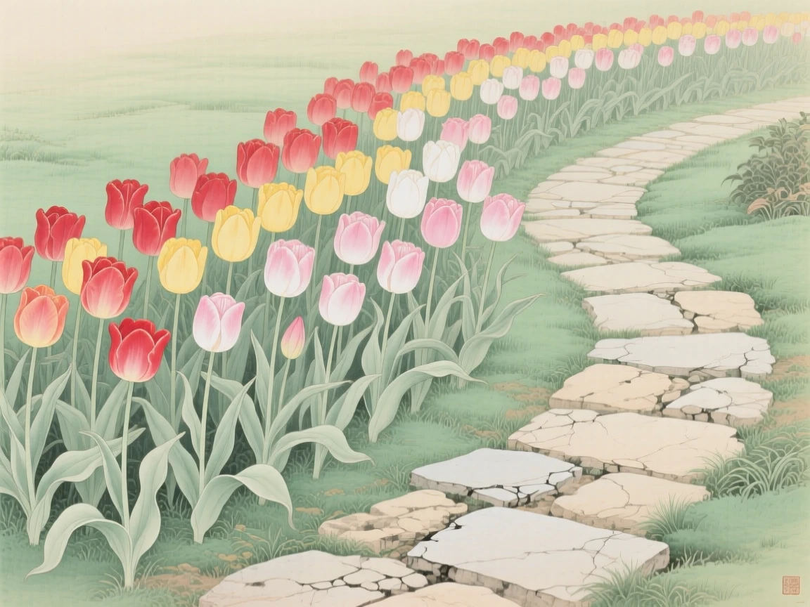 Tulips lined up in neat garden rows beside a winding stone path