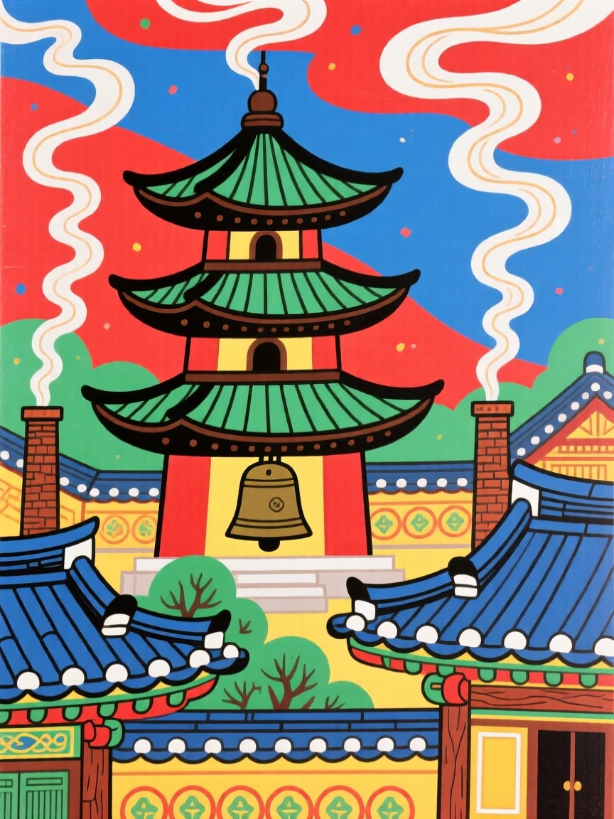 A bell tower rising above a temple complex with smoke rising gently from chimneys.