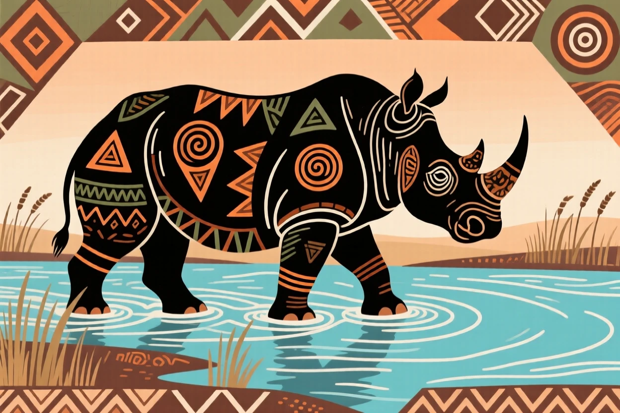 A rhinoceros crossing a wide river.