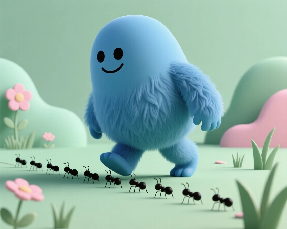 A colossal furry blue monster tiptoes carefully to avoid stepping on a line of marching ants in a garden.