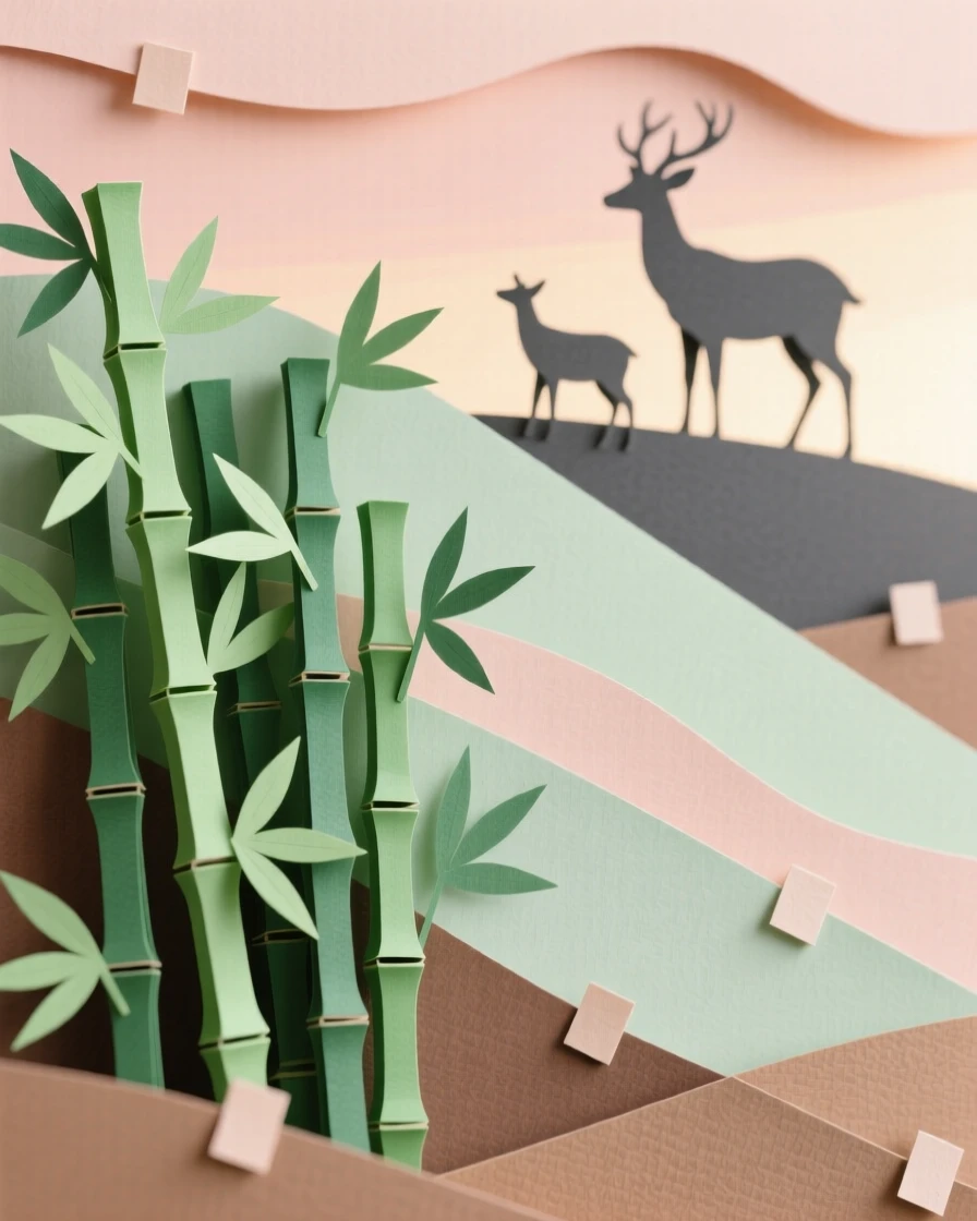A bamboo-covered hillside in the crisp first light of dawn, with a distant silhouette of grazing wildlife, conveying quiet wonder and stillness.