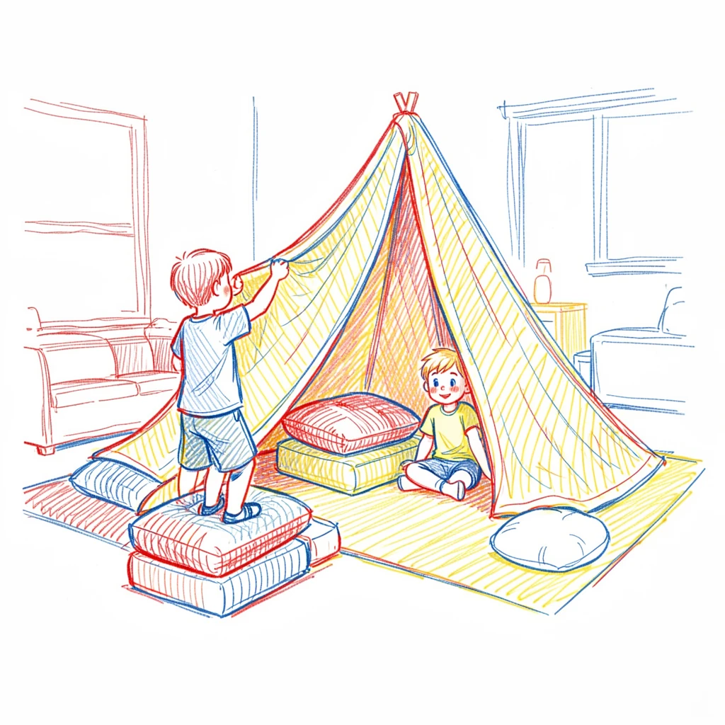 Siblings building an elaborate blanket fort in their living room
