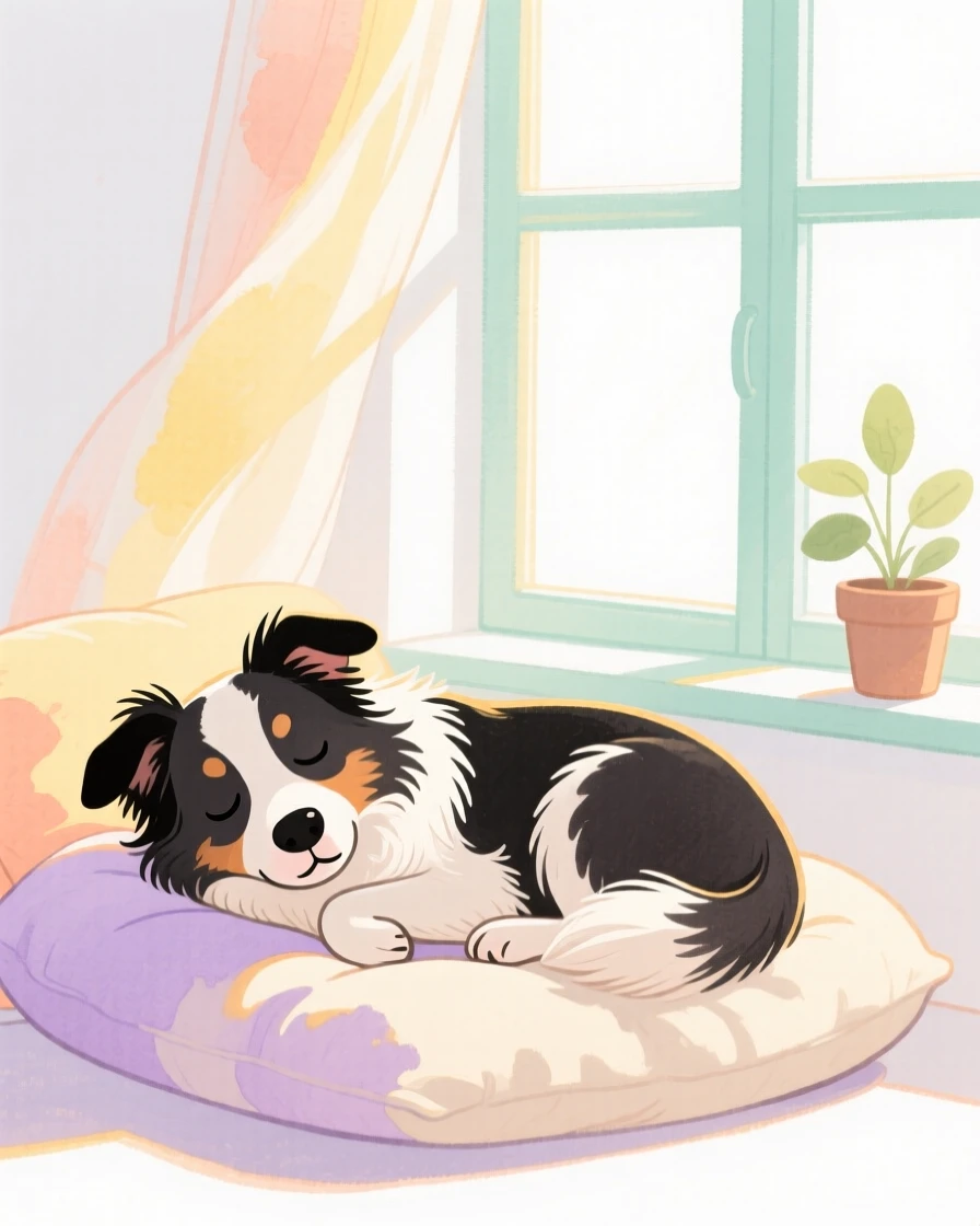 A border collie napping in a sunbeam by a window