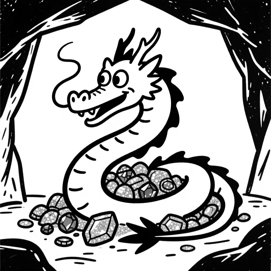 A dragon curling protectively around a pile of glittering gold and jewels in a cave.
