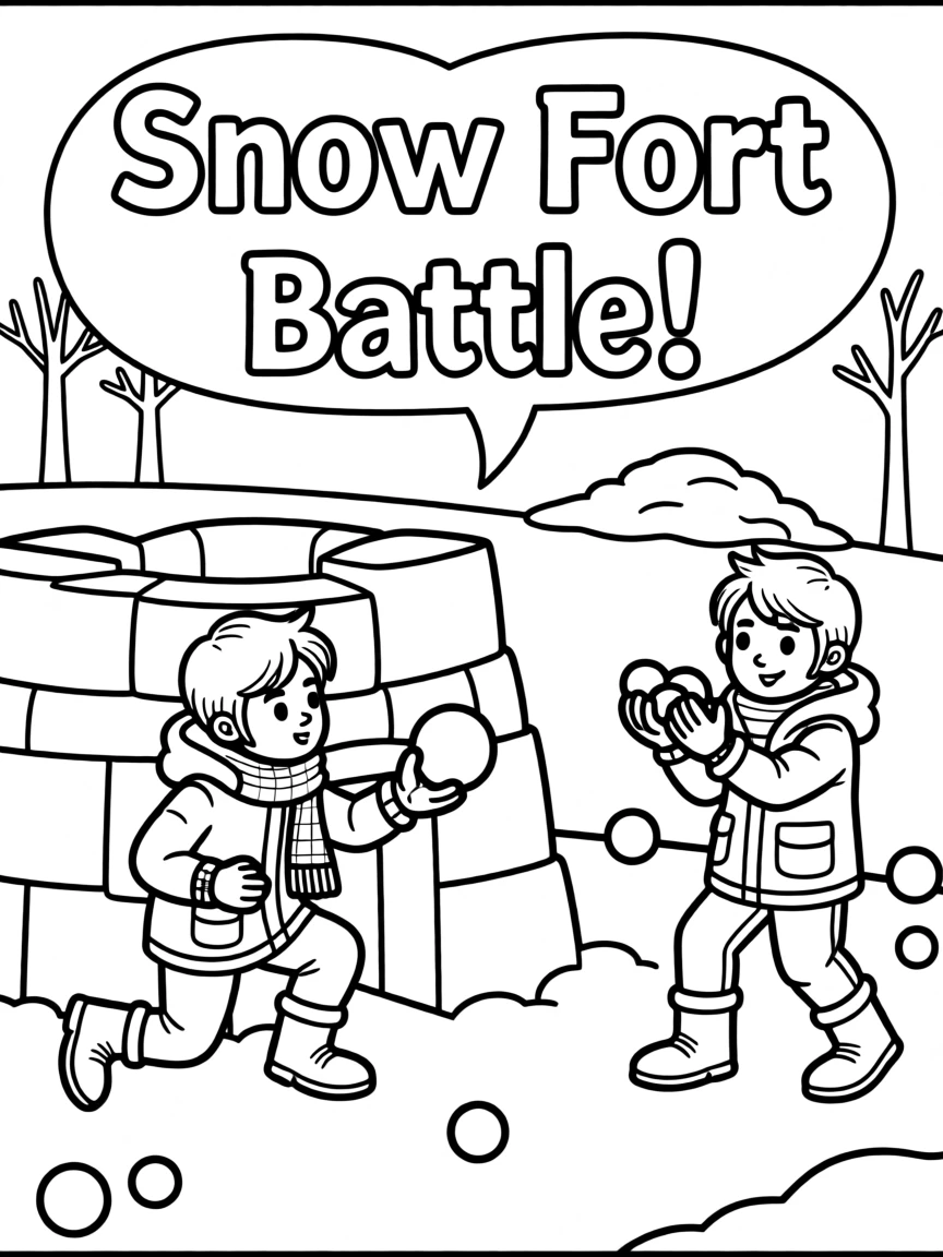 A snow fort battle with children in winter coats