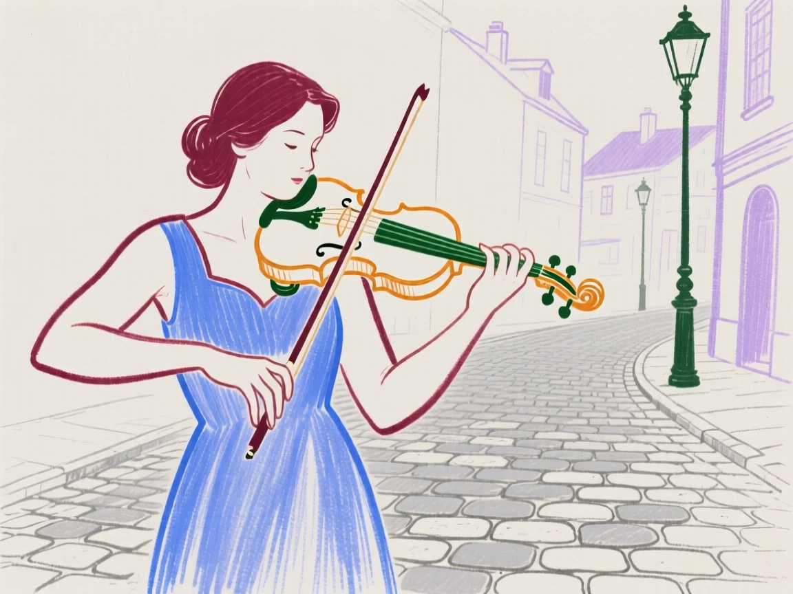 A violinist performing on a quiet cobblestone street.