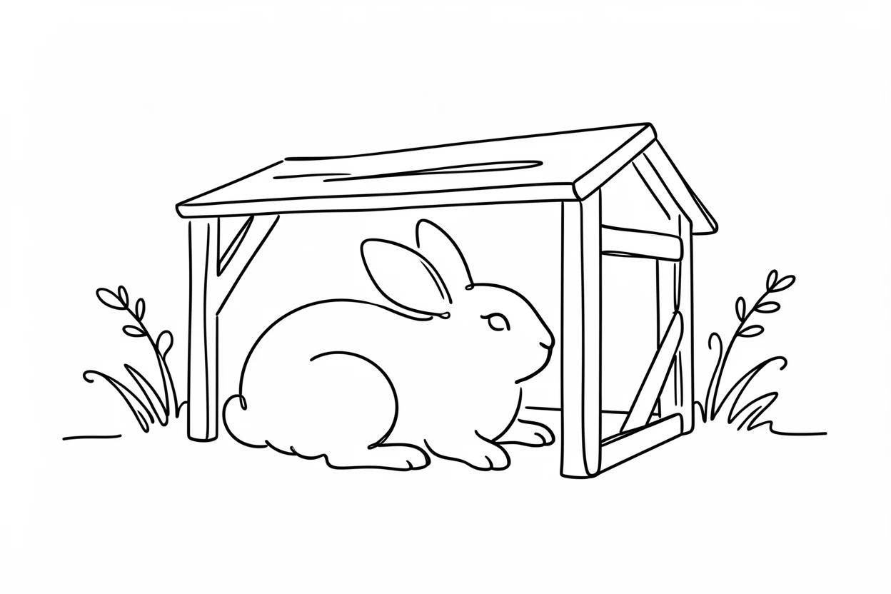 A pet rabbit lounging inside a miniature wooden hutch in a garden