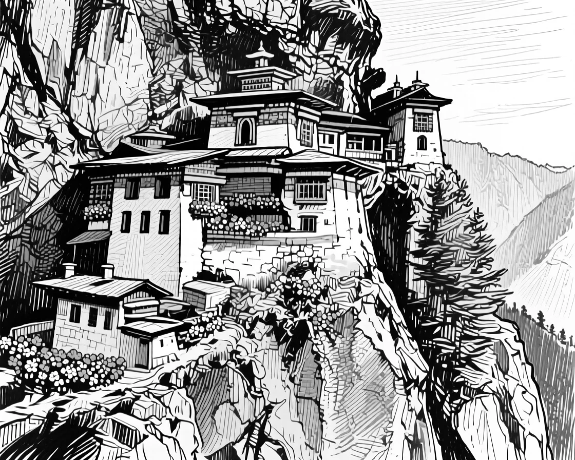 A mountain monastery perched on a cliff bathed in soft afternoon light, featuring flower boxes lining every window, rendered in a majestic and imposing architectural composition.