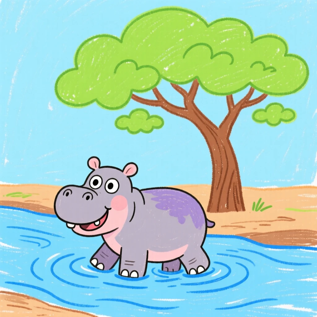 A hippopotamus wading in a river under a wide acacia tree.