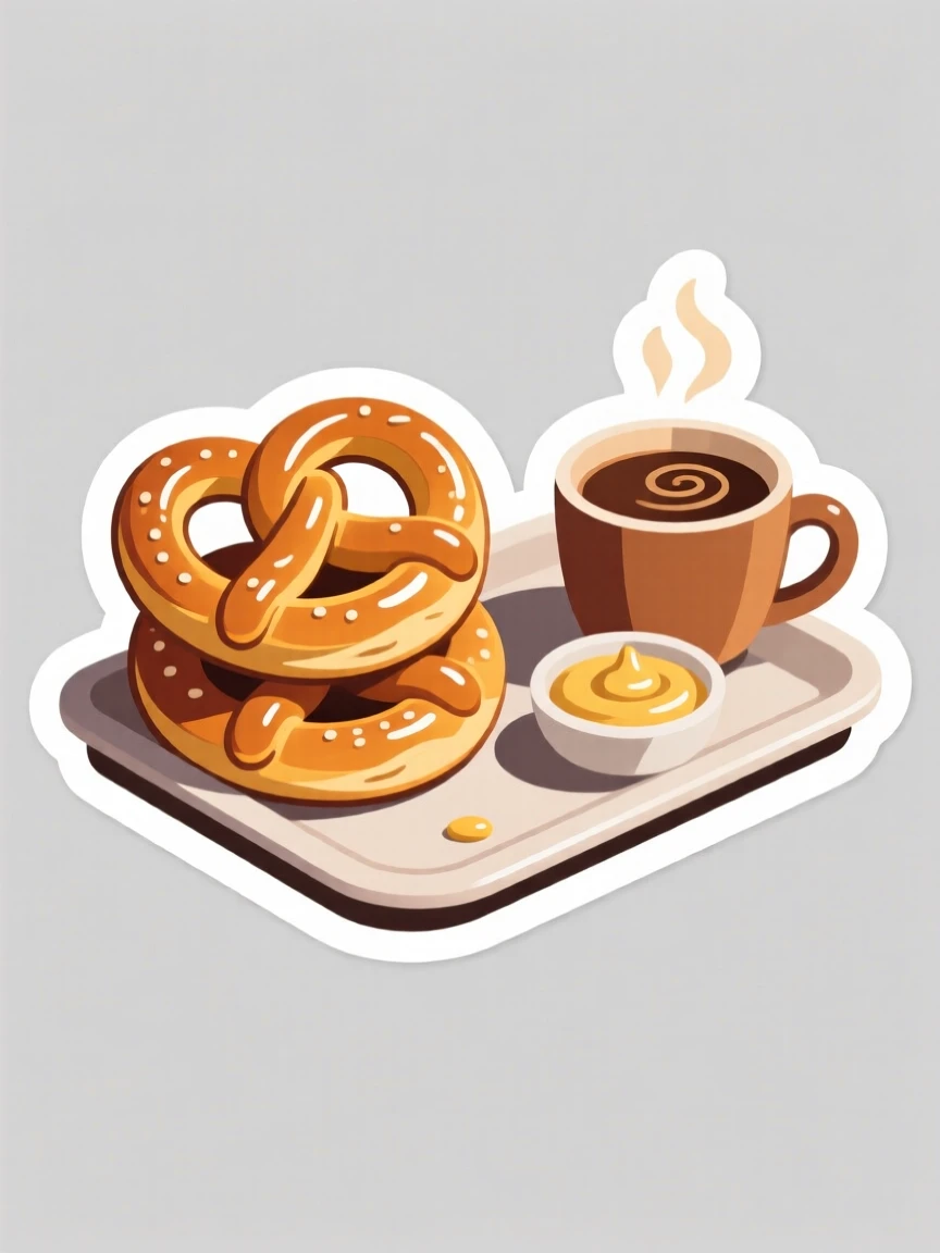 A colorful and vibrant plate of soft pretzels with mustard, glistening with a light glaze, on a tray beside a cup of coffee.