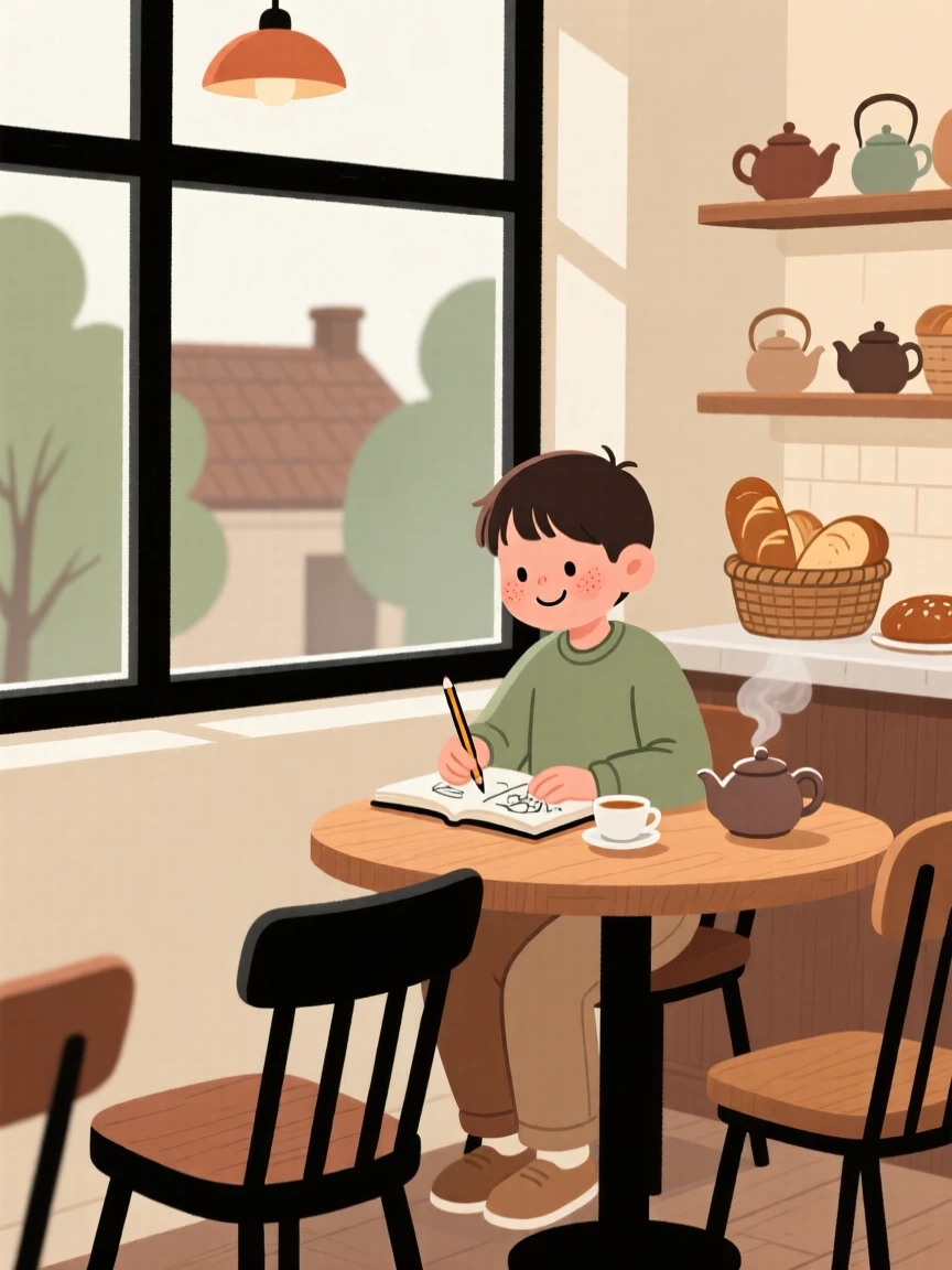 A student sits by the window of a small tea house, sketching in a notebook as the smell of baking bread fills the air.