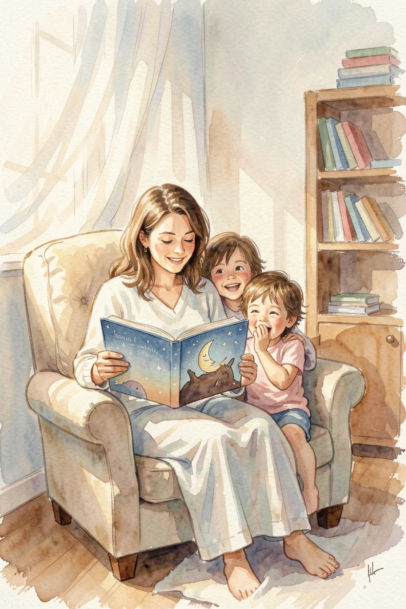 A mother reading a bedtime story to her children with laughter echoing softly.