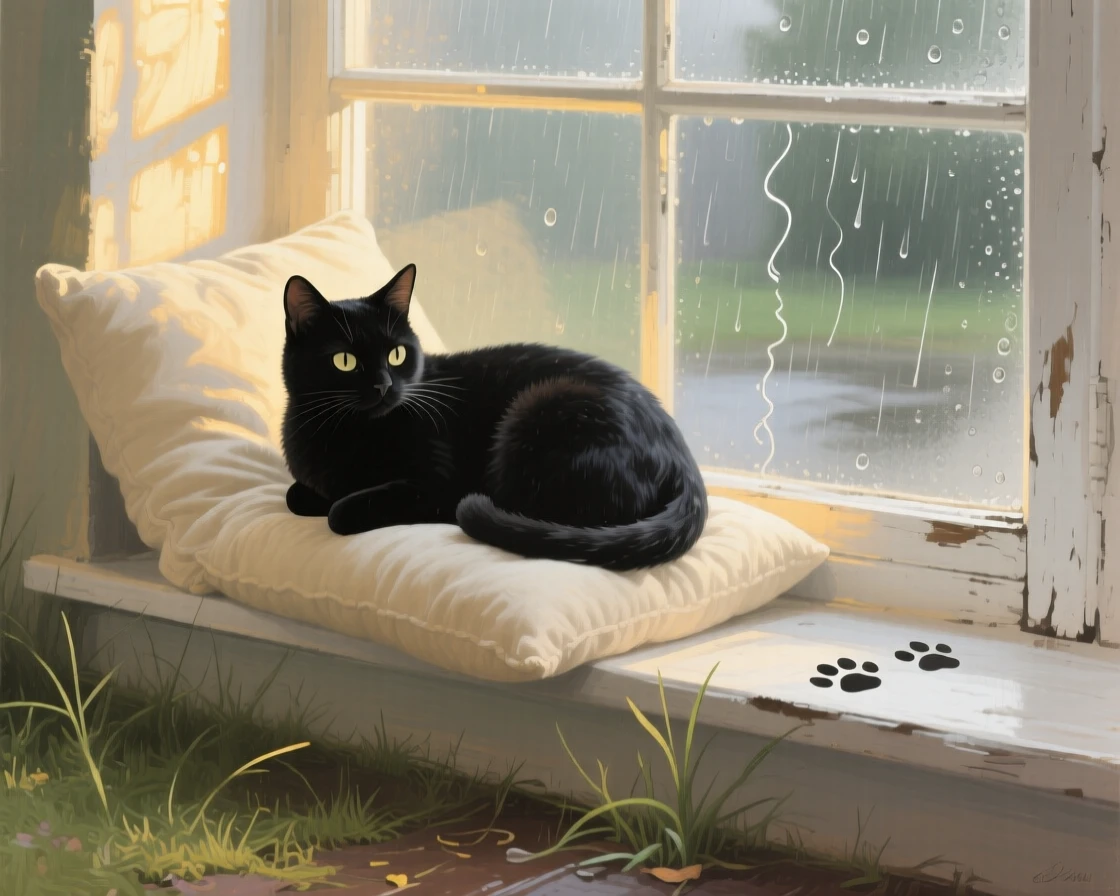 A sleek black cat perches on a sunlit windowsill, watching raindrops trace paths down the glass while curled comfortably on a soft cushion, small environmental cues, like tracks or disturbed grass, hinting at its recent movement.