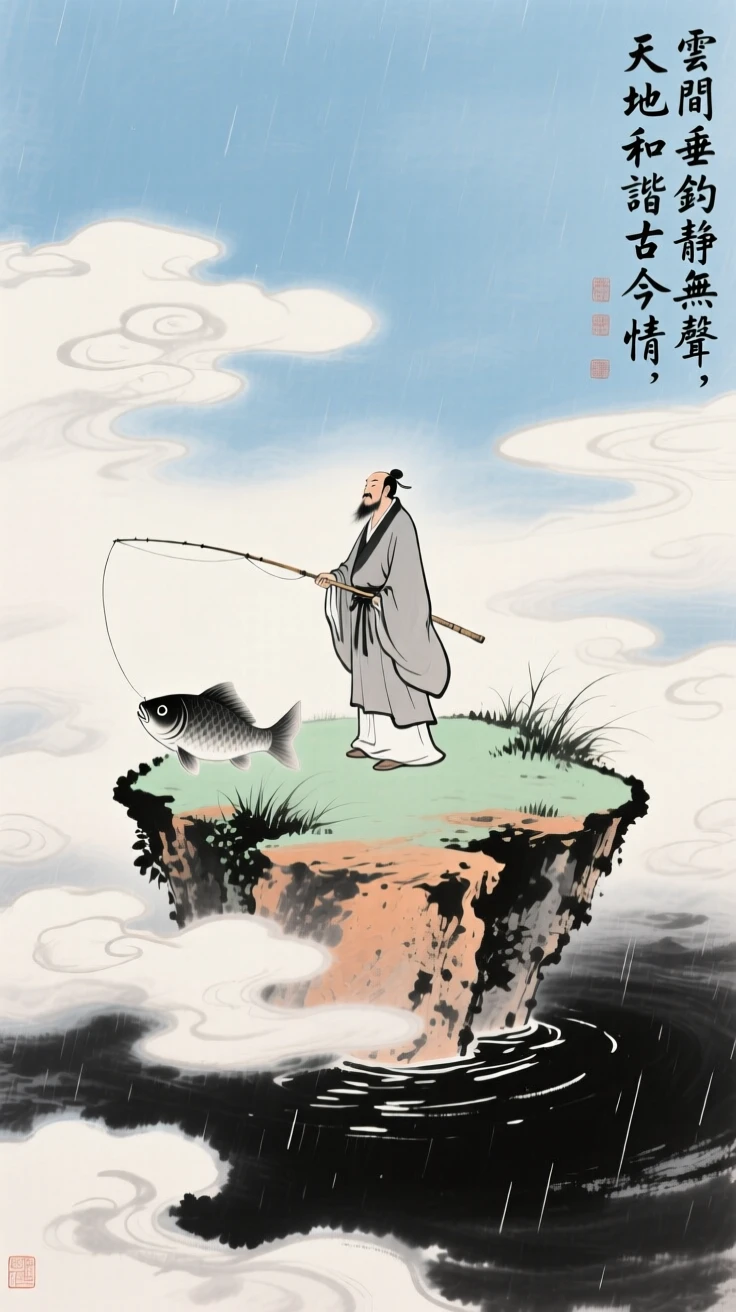An immortal fisherman casting a line from a floating island in the clouds, conveying a deep sense of harmony with nature, beneath a sky washed clean by rain.