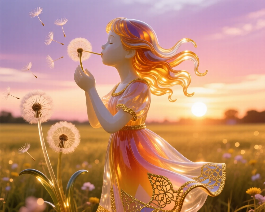 A young girl blowing dandelion seeds into a golden sunset field, whimsical and free.